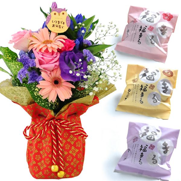 敬老の日 花束とスイーツセット
  
  敬老の日 そのまま飾れる立つブーケと福まるどらやき3個セット