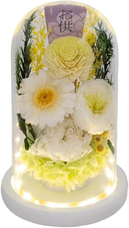 NEKOHASHI プリザーブドフラワー 仏花 仏壇用 ブリザードフラワー お供え お供え花 生花 ガラスドーム ペット仏花 花 供花 お花 枕花 薔薇 ローズ ledライト付き アレンジメント 菊 ペットのお供